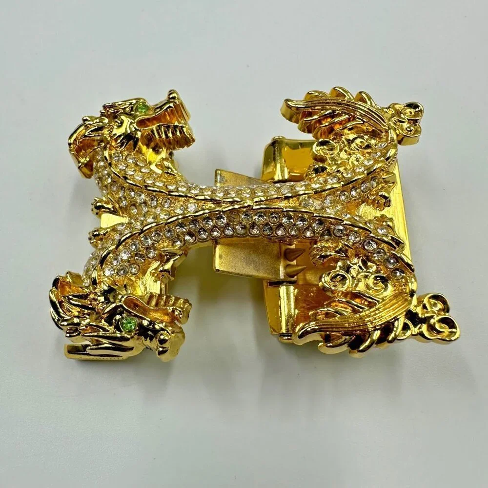 Double Dragon Rhinestone Ratchet Belt Buckle Gold Tone Automatic Slide